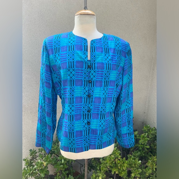Silk studio blazer jacket blues geometric print lined Sz 14 - Picture 2 of 10